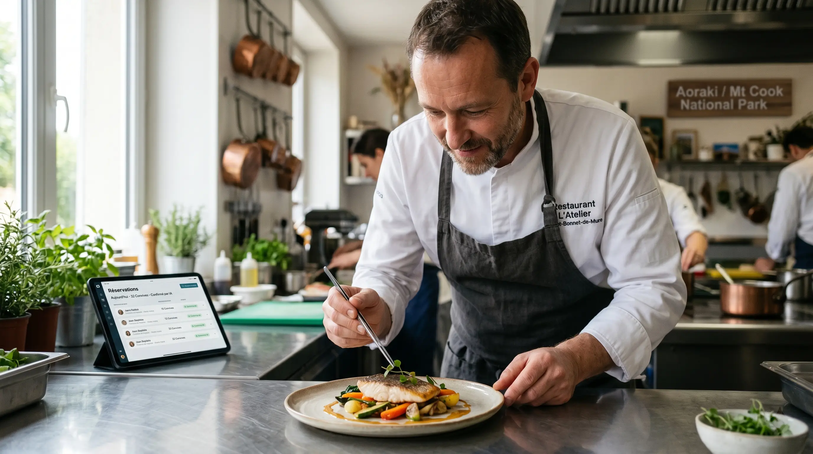 Un chef cuisinier serein concentré sur le dressage d'un plat
